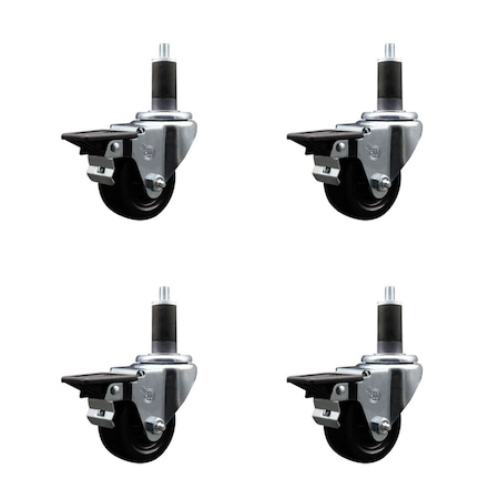 Service Caster 3'' Soft Rubber Swivel 1-1/4'' Expanding Stem Caster Set with Brake, 4PK SCC-EX20S314-SRS-PLB-114-4